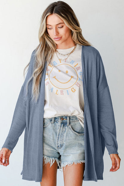 Solid Color Rib Knit Open Front Tunic Cardigan