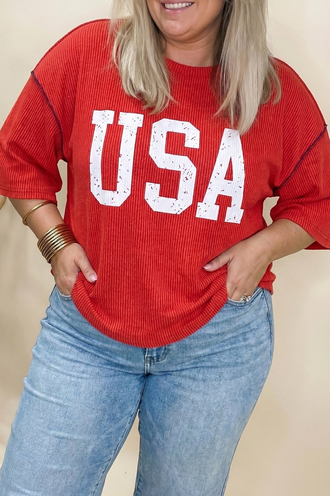 Fiery Red Plus Size Twisted Rib Vintage USA Letter Printed T Shirt - Loving It Shop