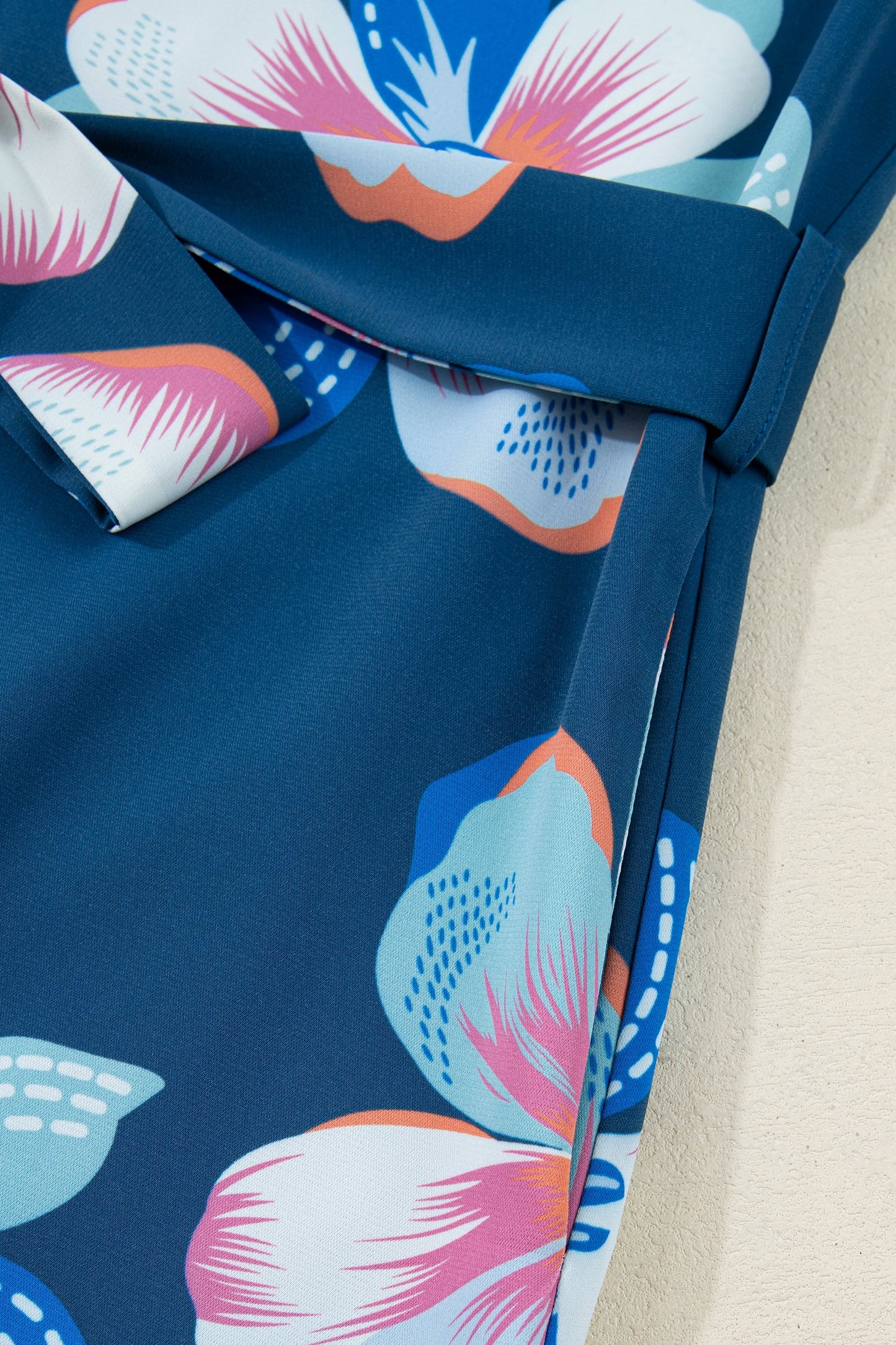 Blue Floral Print Short Puff Sleeve Ruffle Hem Belted Long Dress