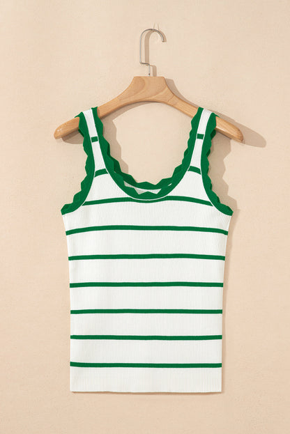 Bright Green Striped Scalloped Edge U Neck Sleeveless Sweater Vest