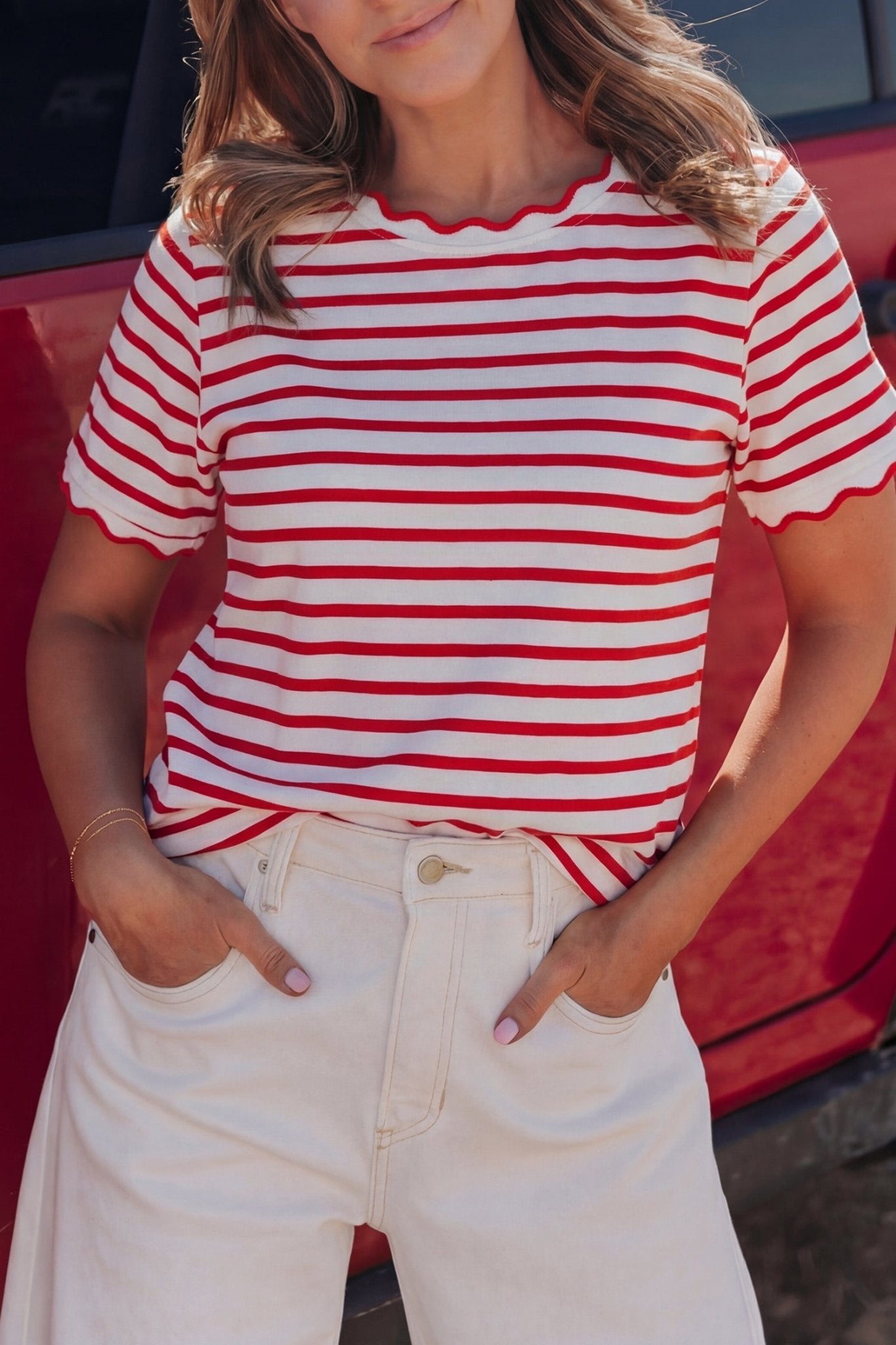 Red Stripe Scalloped Trim Round Neck T Shirt - Loving It Shop
