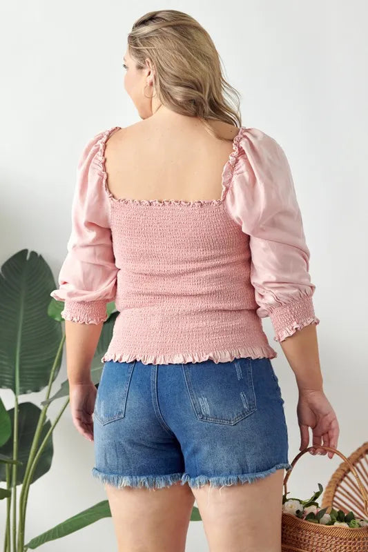 Full Size Ruffled Smocked Frill Square Neck Top Plus Size