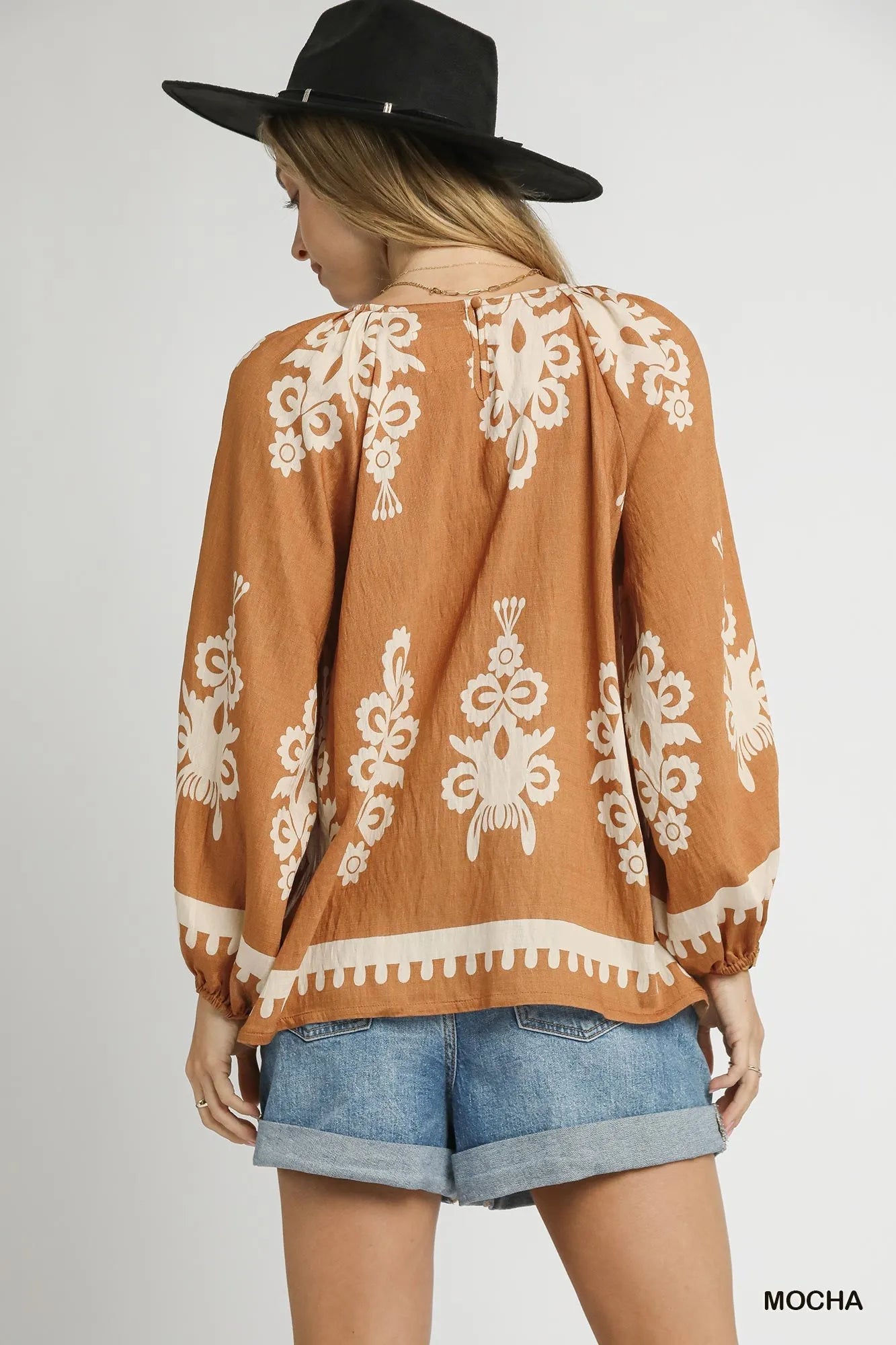 Full Size Two Tone Border Print Top with Balloon Sleeves Plus Size