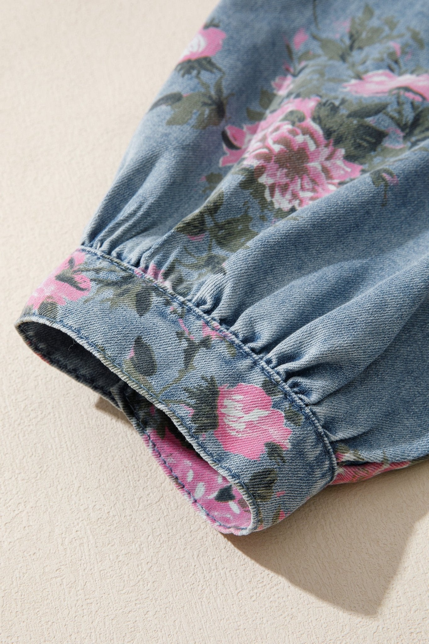 Blue Bracelet Sleeve Floral Denim Shirt - Loving It Shop