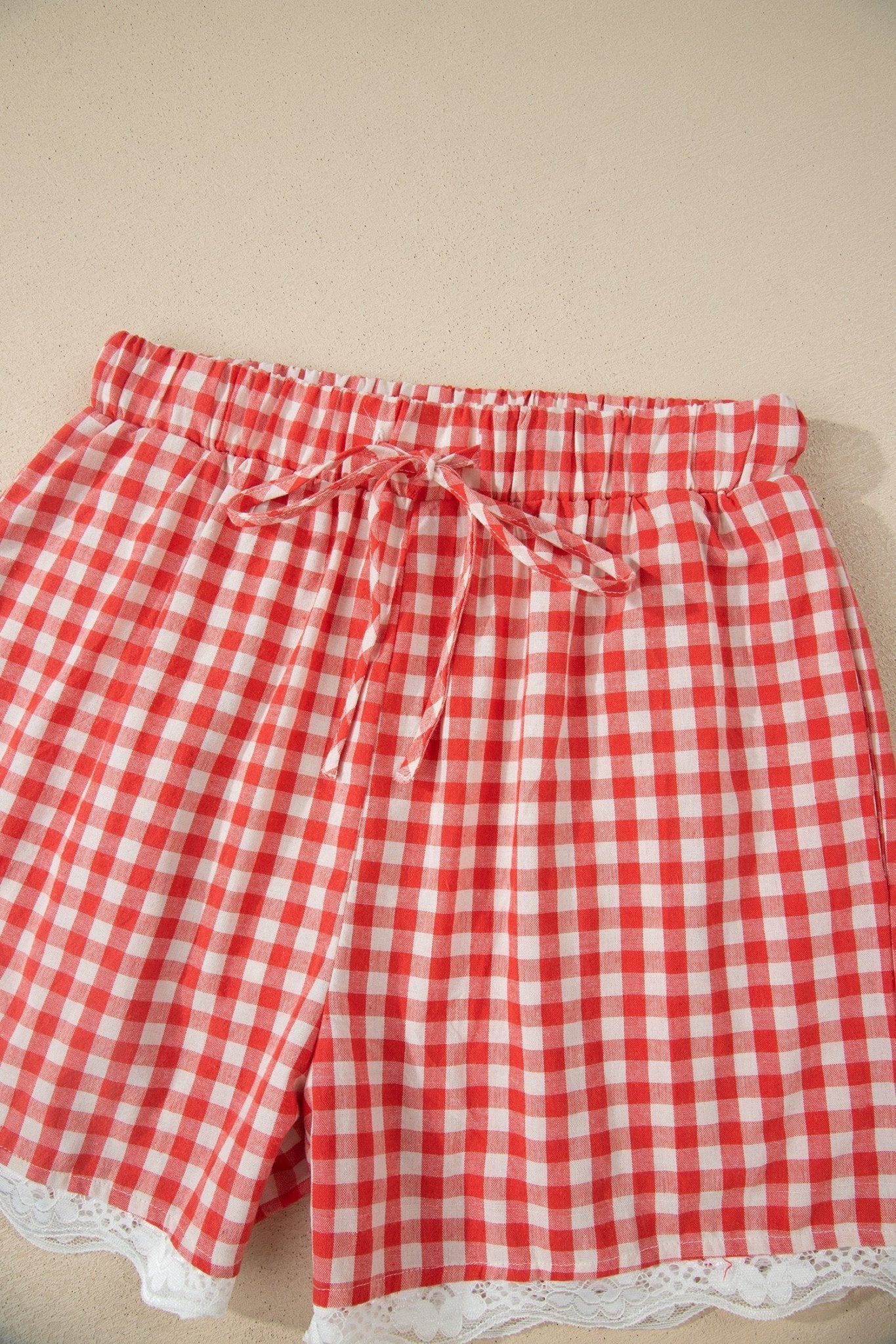 Red Gingham Plaid Tie Elastic Waist Lace Patchwork Hem Casual Shorts - Loving It Shop