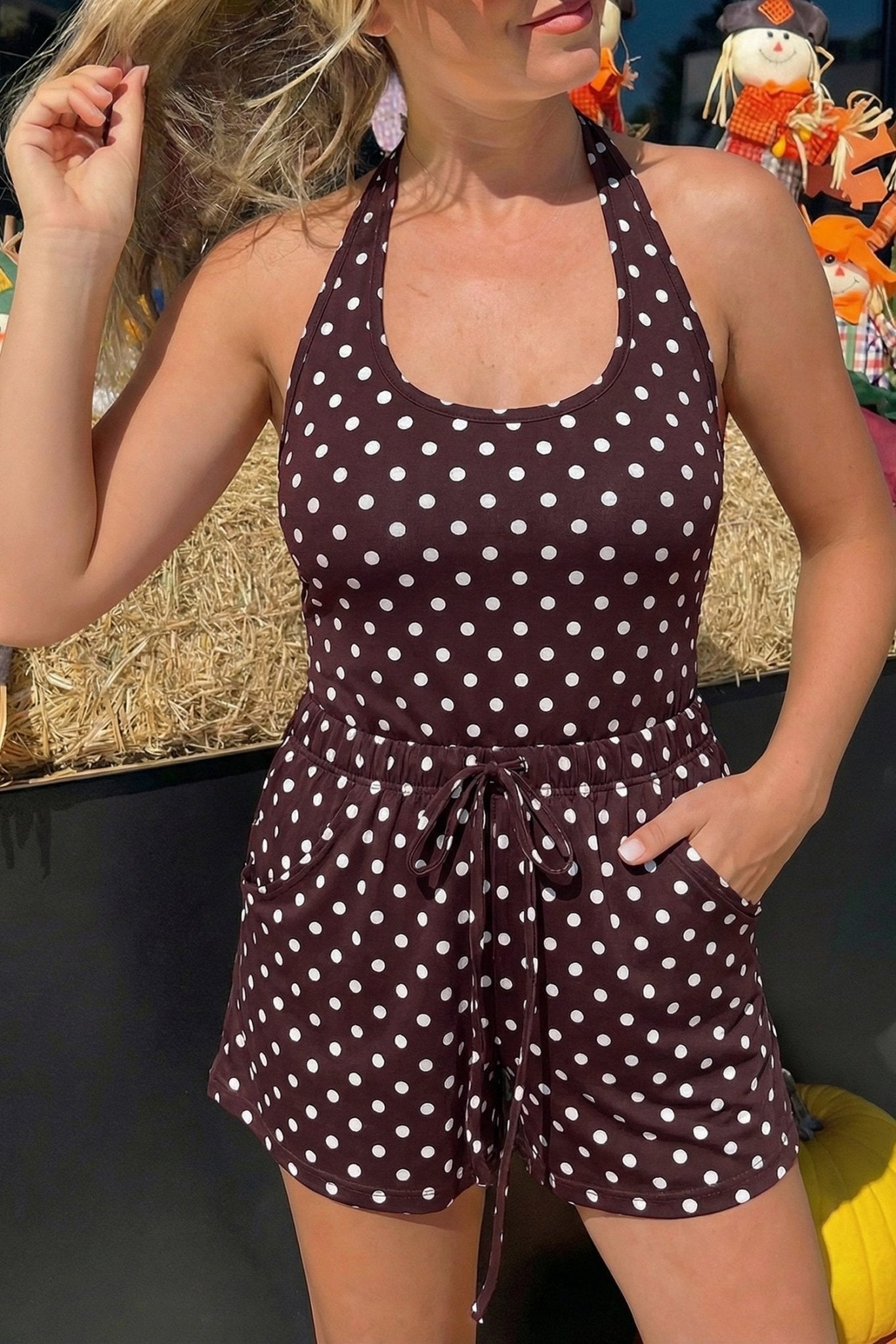 Brown Polka Dot Halter Tank Drawstring Elastic Waist Short Set - Loving It Shop