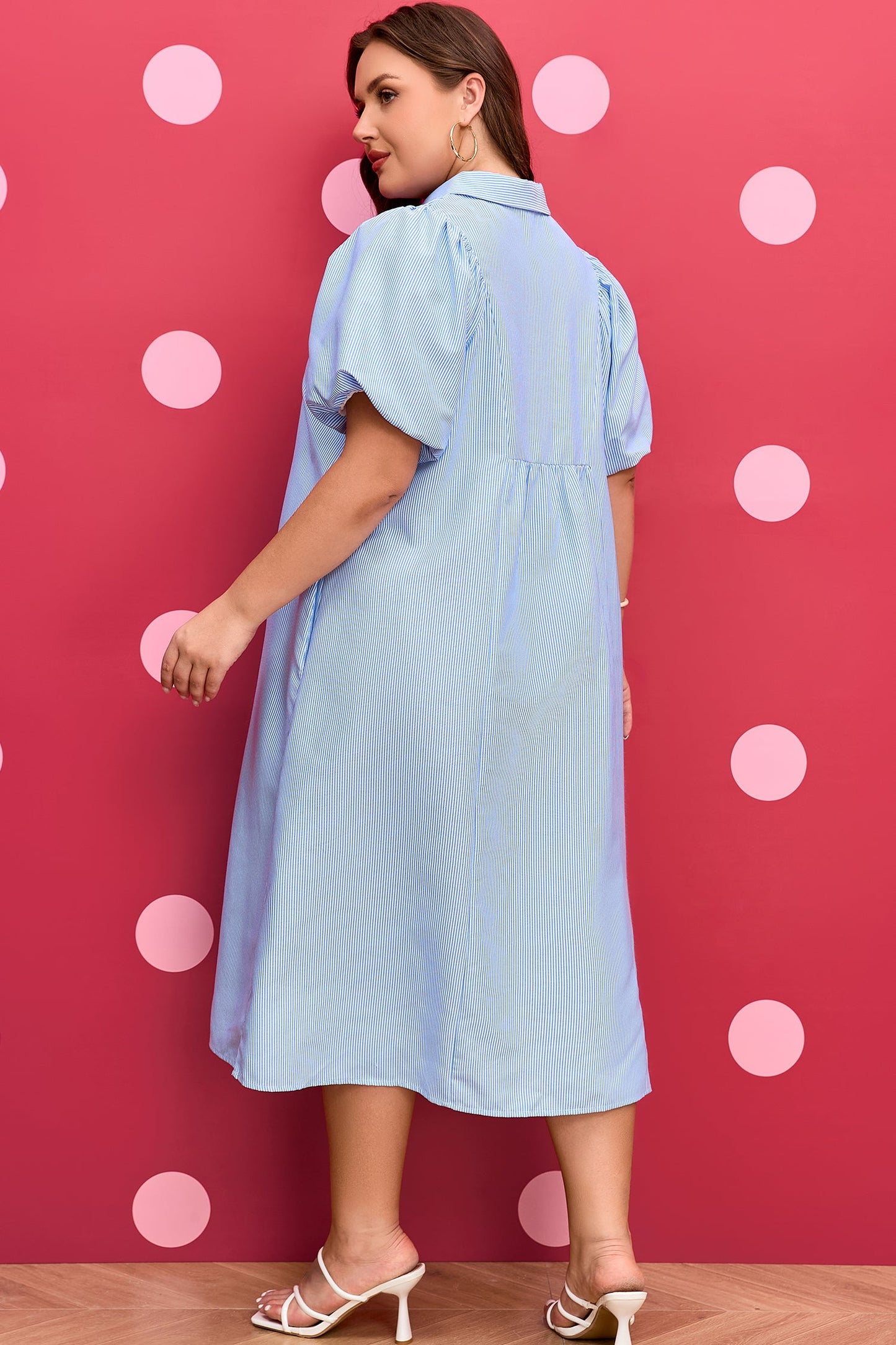 Sky Blue Stripe Shirred Detail Collar V Neck Plus Size Midi Dress