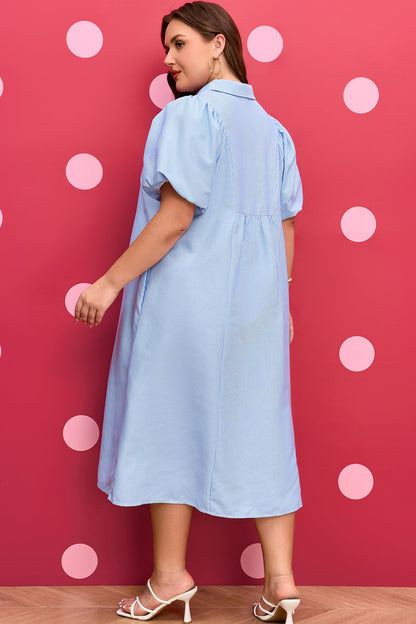 Sky Blue Stripe Shirred Detail Collar V Neck Plus Size Midi Dress