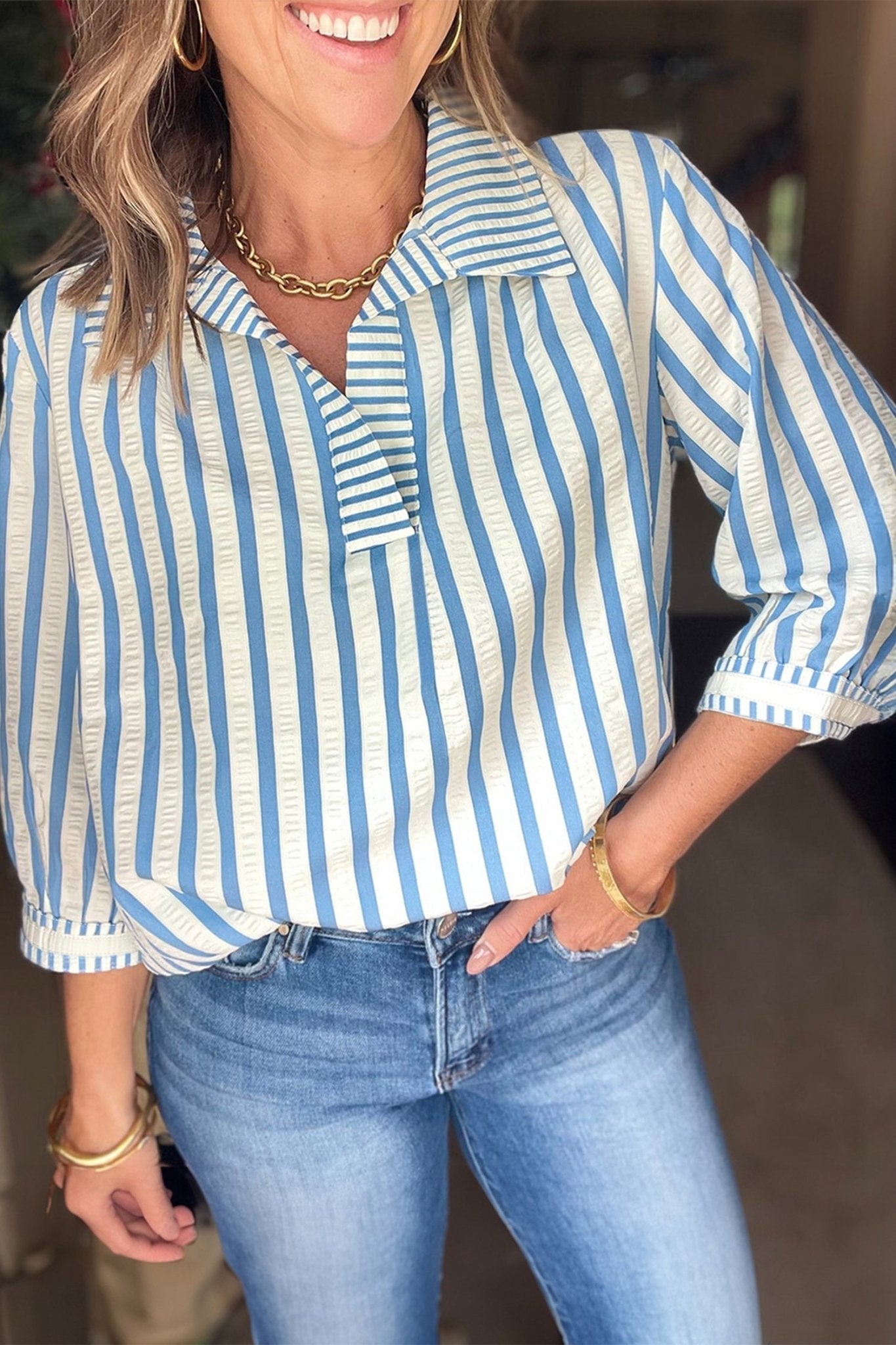 Sky Blue Stripe 3/4 Sleeve Collared Neck Blouse - Loving It Shop