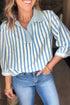 Sky Blue Stripe 3/4 Sleeve Collared Neck Blouse - Loving It Shop