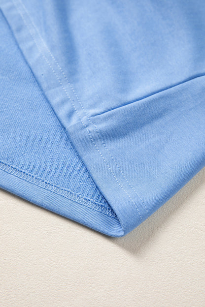Sky Blue Striped Frilled Collar Short Sleeve Blouse