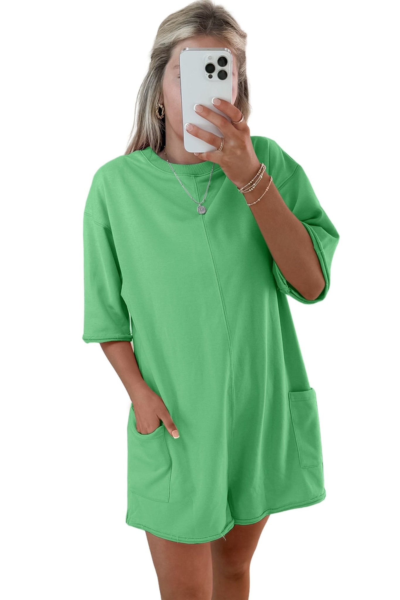 Bright Green Solid Color Raw Edge Half Sleeve Pocketed Loose Romper - Loving It Shop