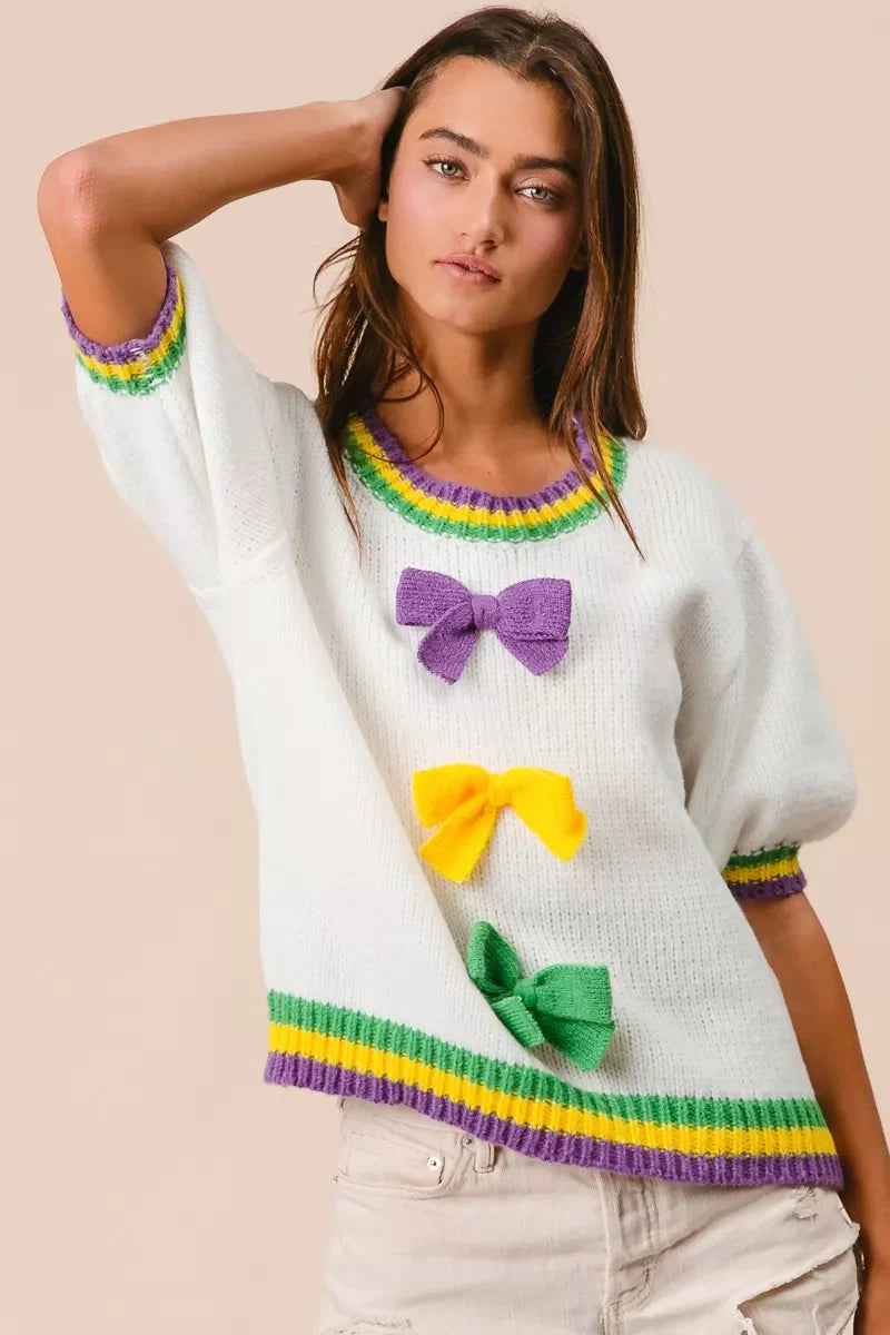 Short Puff Sleeve Ribbon Bow Mardi Gras Sweater