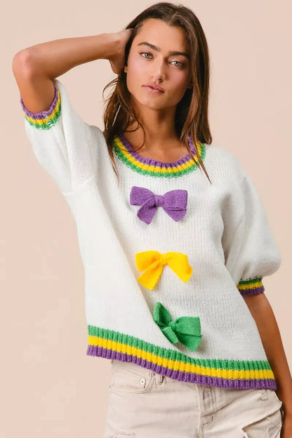 Short Puff Sleeve Ribbon Bow Mardi Gras Sweater