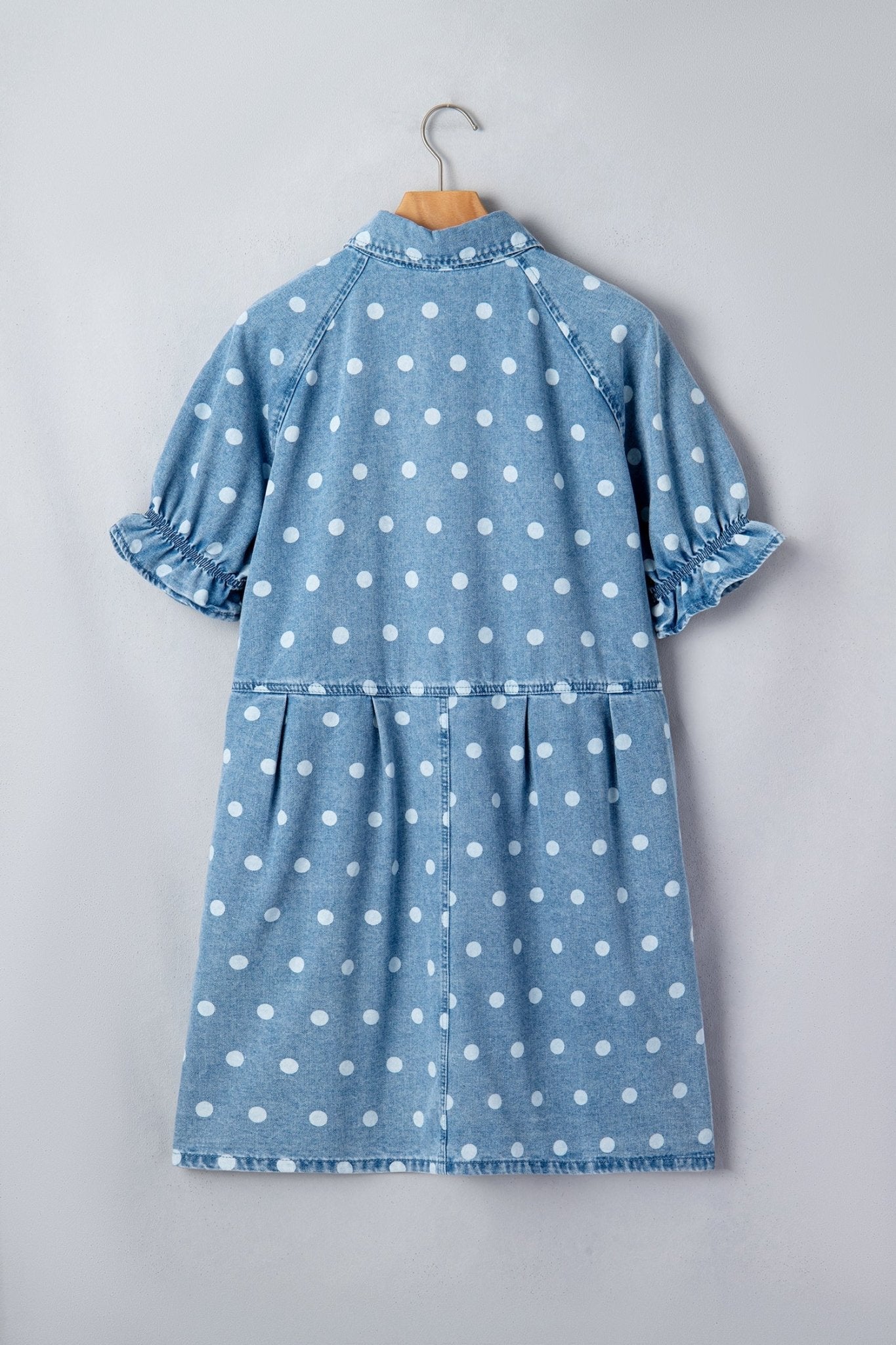Sky Blue Polka Dot Print Ruffled Short Puff Sleeve Button Down Loose Denim Dress - Loving It Shop