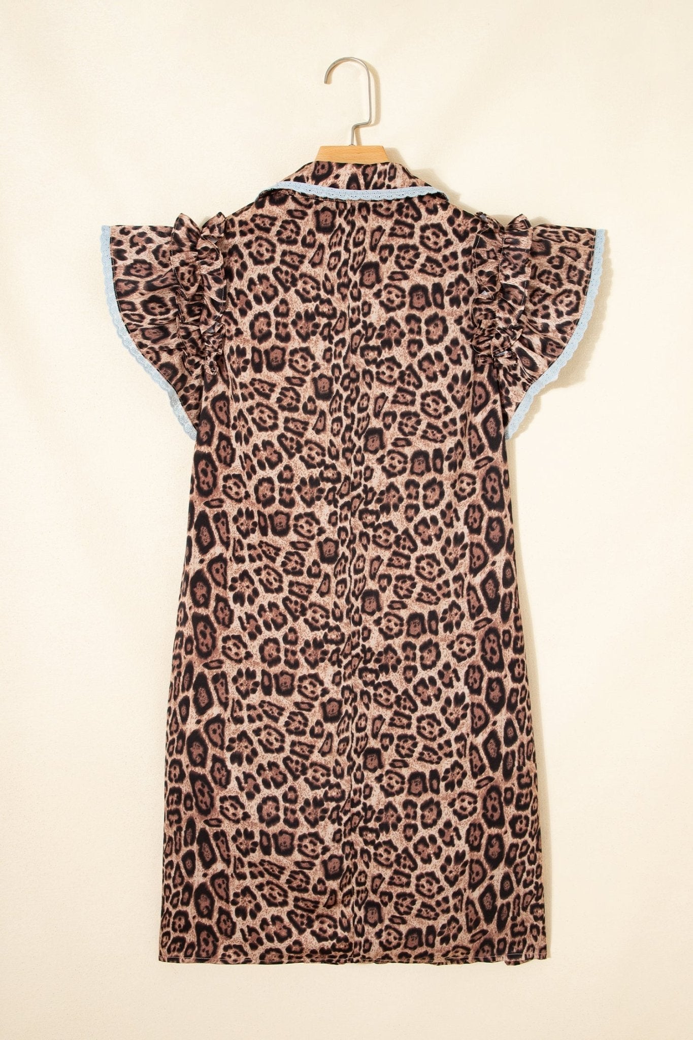 Khaki Leopard Print Lace Trim Shirt Collar Button Down Loose Mini Dress - Loving It Shop