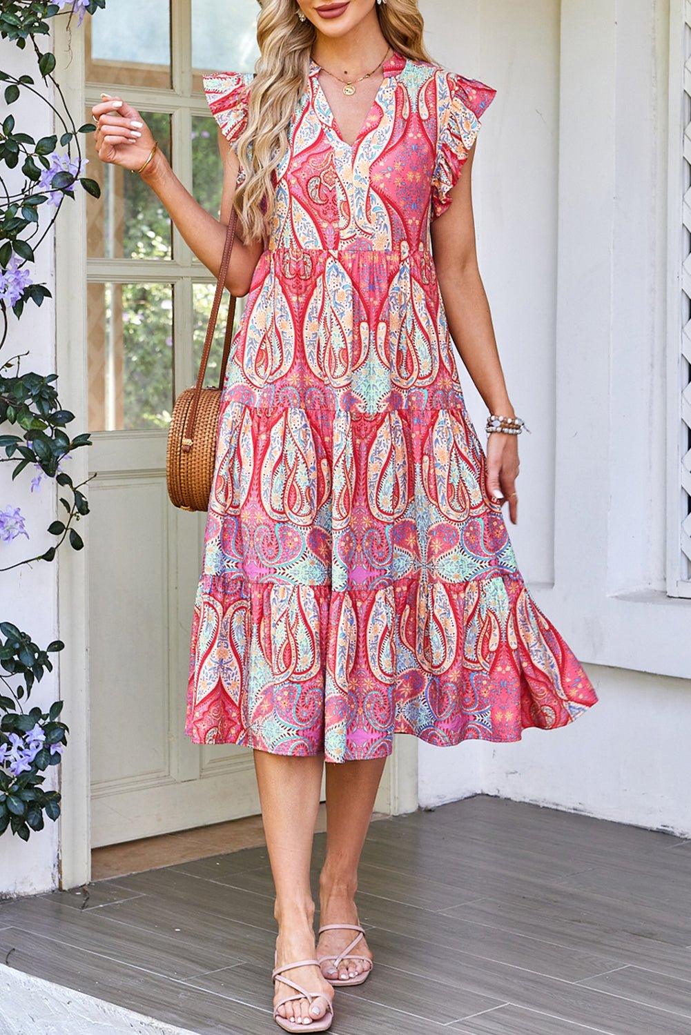 Rose Tribal Paisley Print Ruffled Sleeve Notch Neck Midi Dress - Loving It Shop