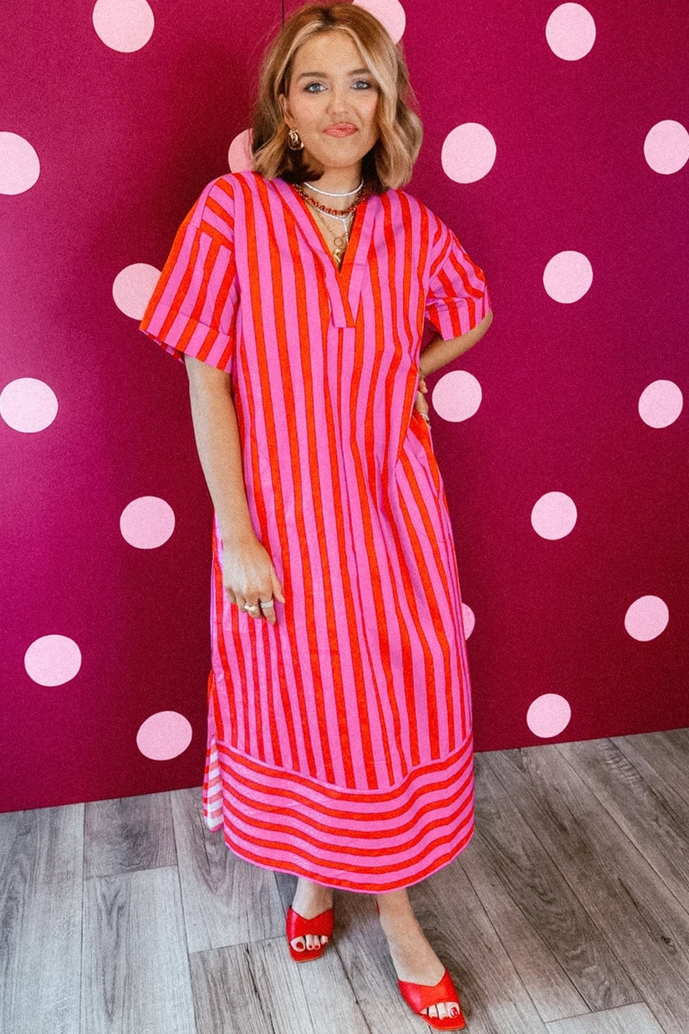 Red Stripe V Neck Cuffed Sleeve Relaxed Split Midi Dress - Loving It Shop