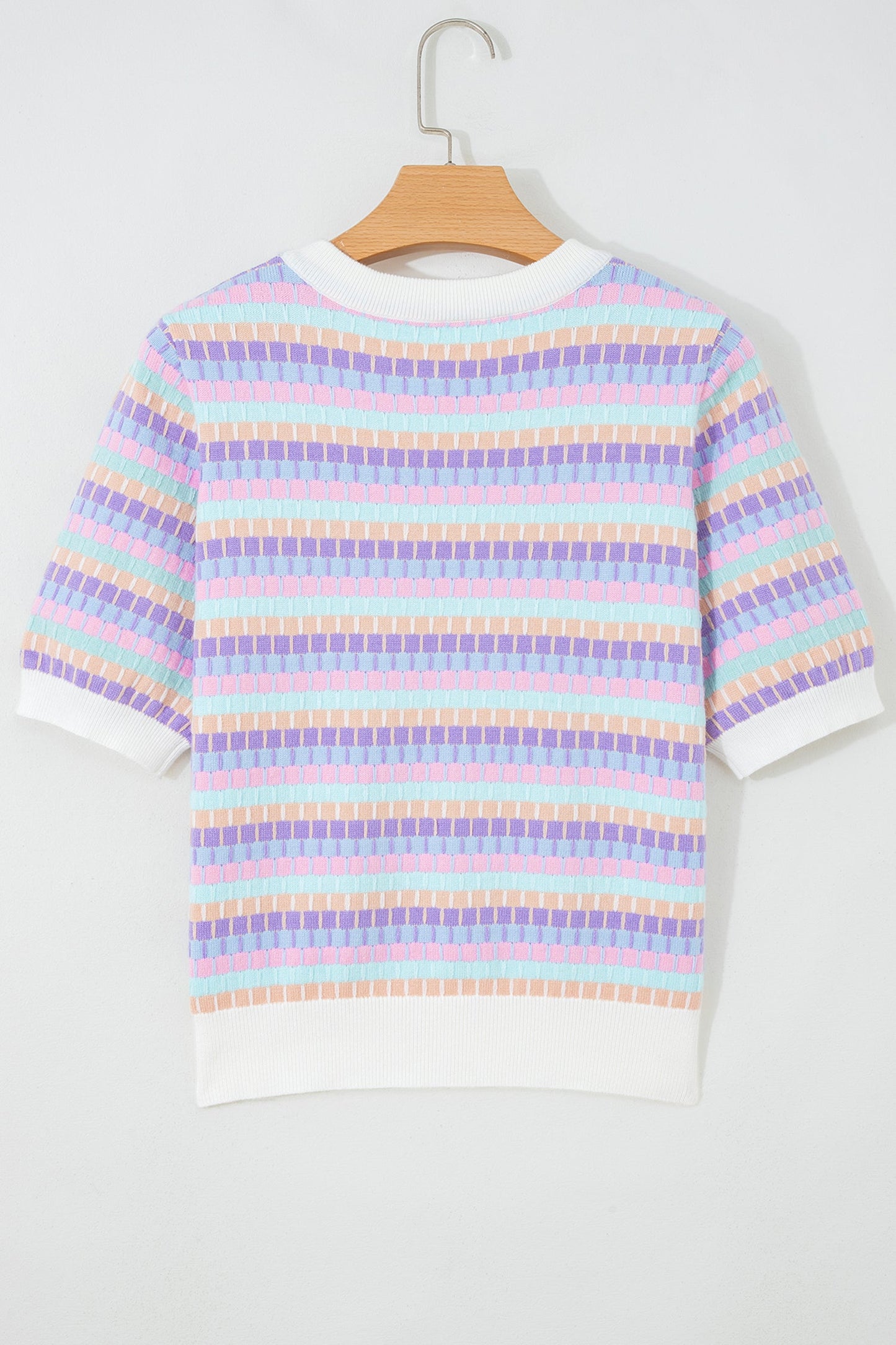Purple Abstract Striped Knit Short Sleeve Sweater