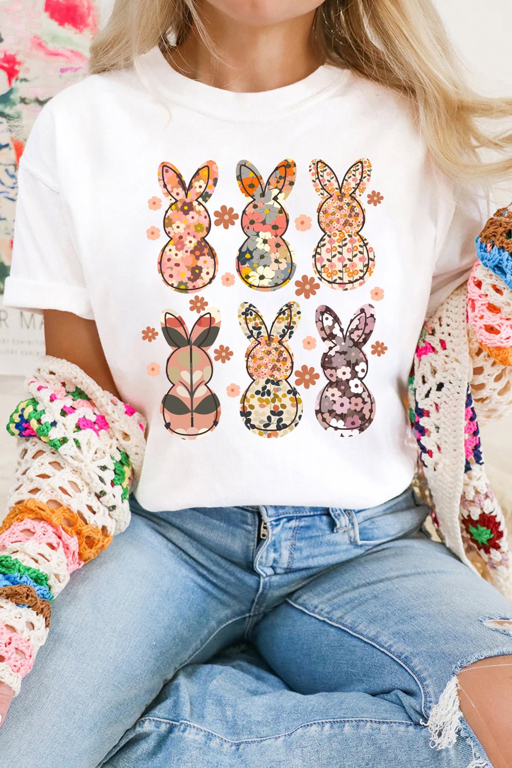 White Floral Bunny Graphic Crewneck Easter Fashion Tee - Loving It Shop