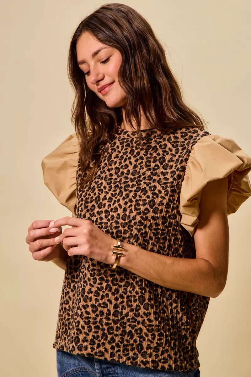 Leopard Pointelle Knit Top with Puff Sleeves