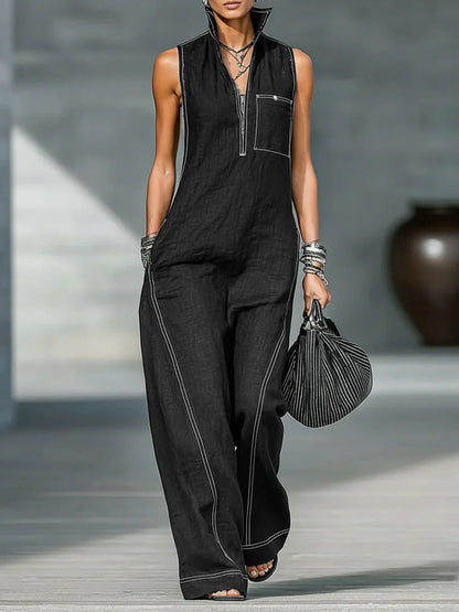 Stand-up Collar Jumpsuit With Pockets Summer Fashion Casual Sleeveless Jumpsuit Trousers Women&