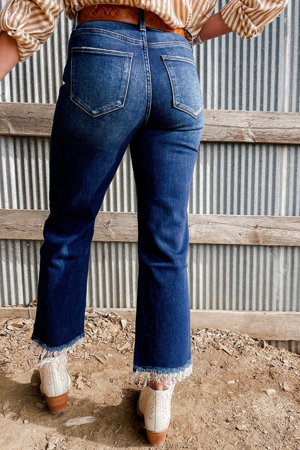 Sail Blue Mineral Wash Raw Hem High Waist Flared Jeans - Loving It Shop