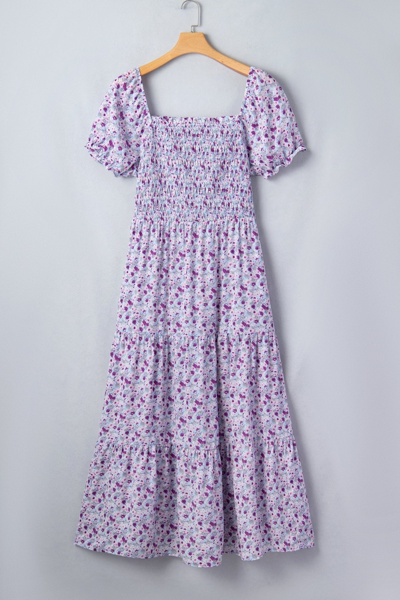 Purple Plus Size Floral Print Square Neck Smocked Maxi Dress - Loving It Shop