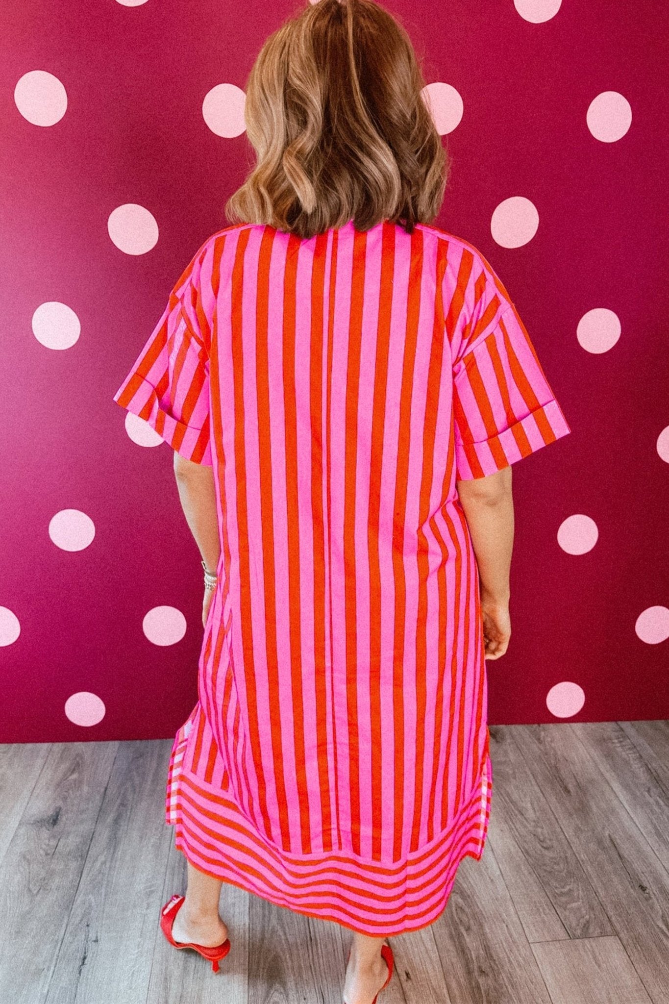 Red Stripe V Neck Cuffed Sleeve Relaxed Split Midi Dress - Loving It Shop