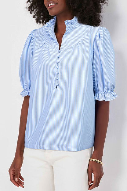 Sky Blue Stripe Ruffled Collar Puff Sleeve Half Buttons Blouse