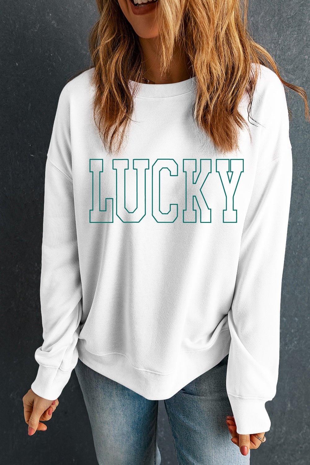 White St Patricks LUCKY Graphic Crew Neck Pullover Sweatshirt - Loving It Shop