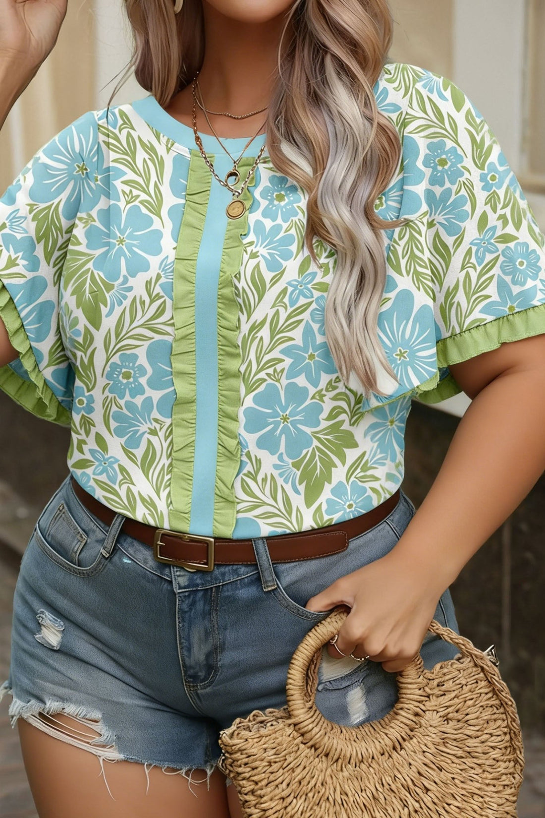 Sky Blue Plus Size Floral Print Frilled Color Block Trim Short Sleeve Blouse - Loving It Shop