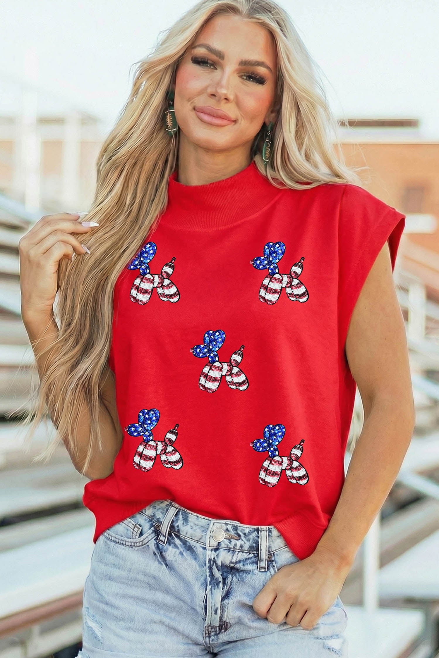 Racing Red Sequin American Flag Balloon Dog High Neck Short Sleeve Top - Loving It Shop