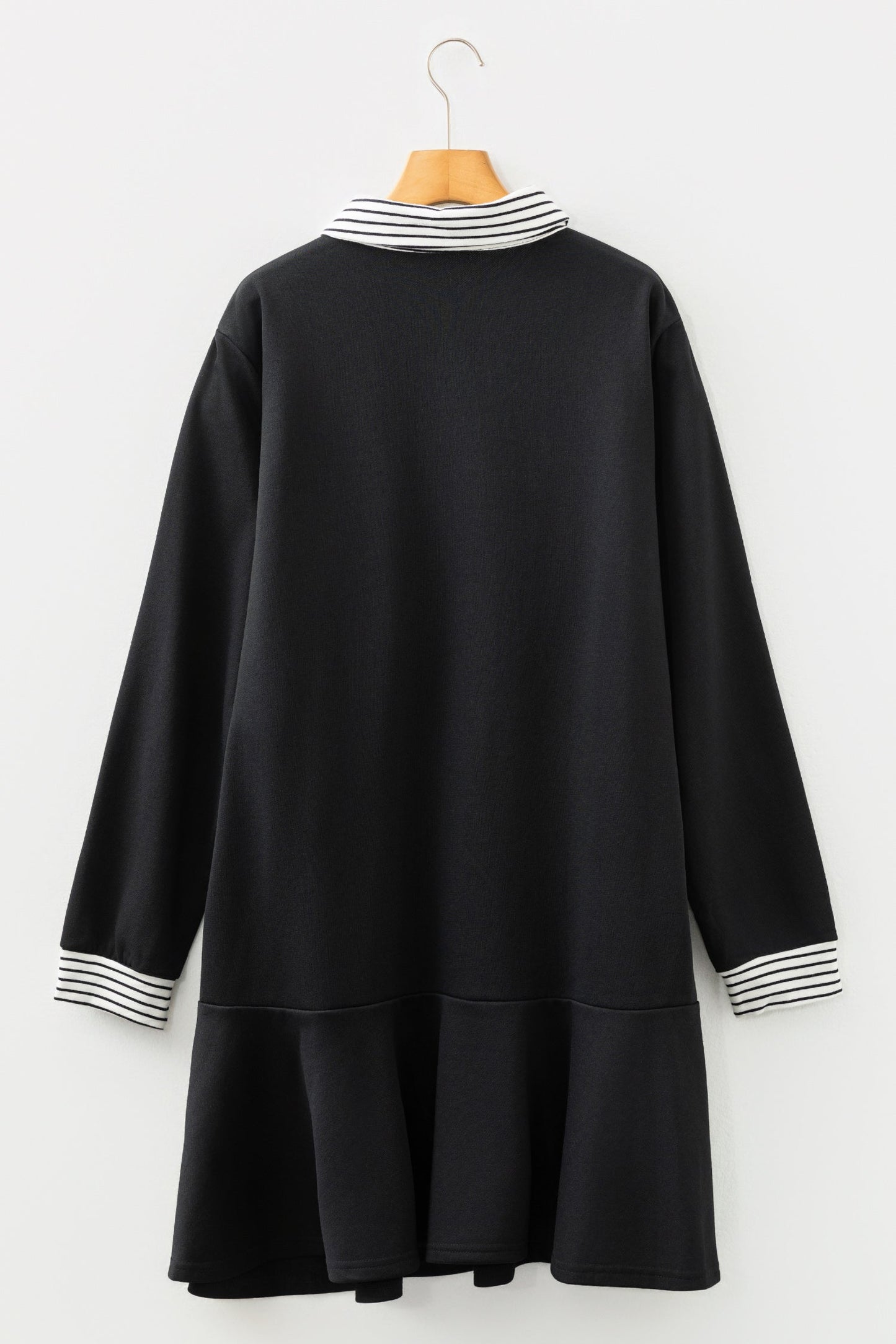 Black Plus Size Striped Cuffs Polo Collar Patchwork Long Sleeve Ruffle Hem Dress