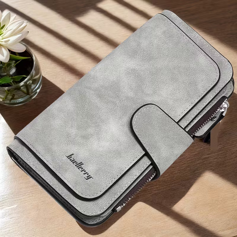 Vintage Faux Leather Long Wallet – Trifold Credit Card Holder with Snap &amp; Zipper