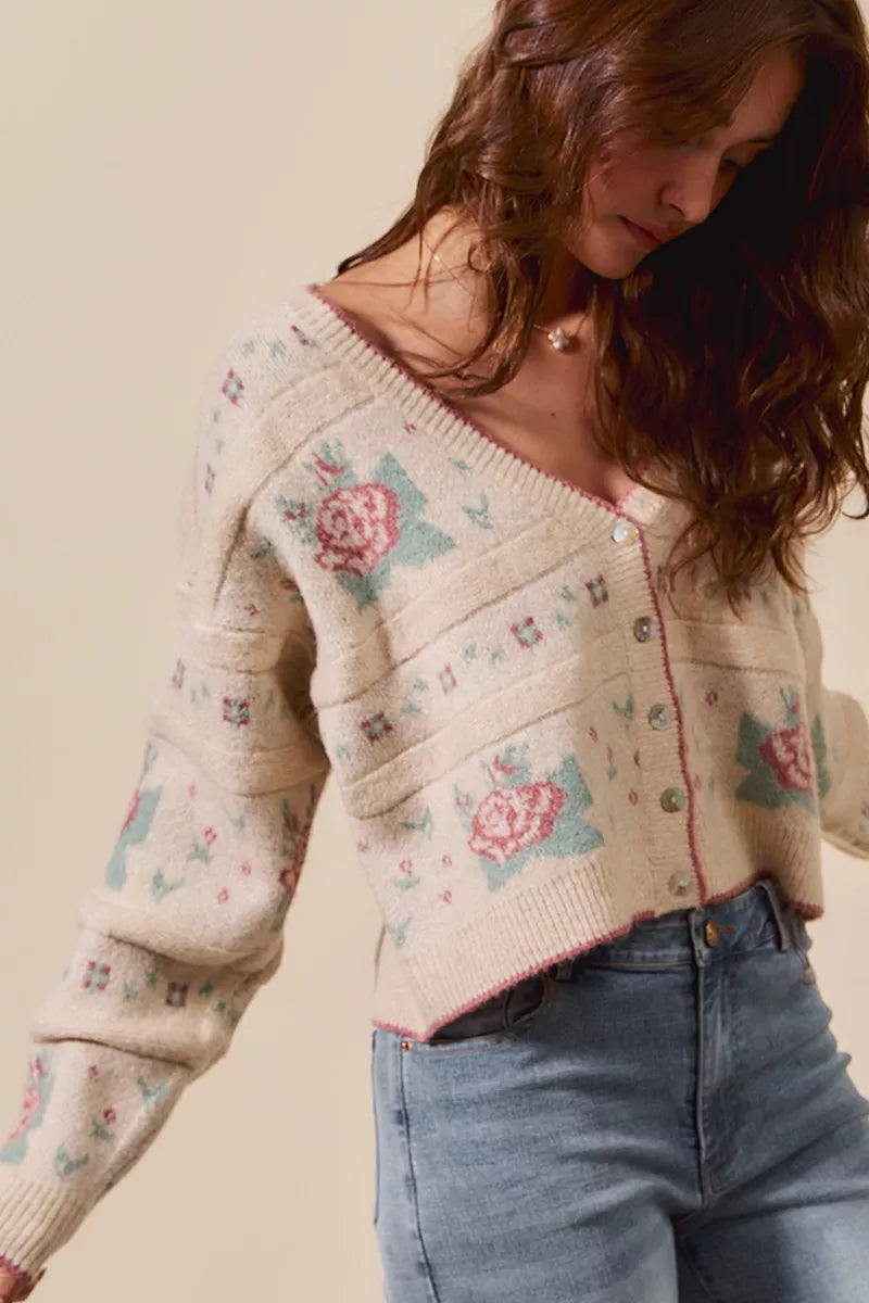 Floral Pattern Long Sleeve Button Sweater Cardigan