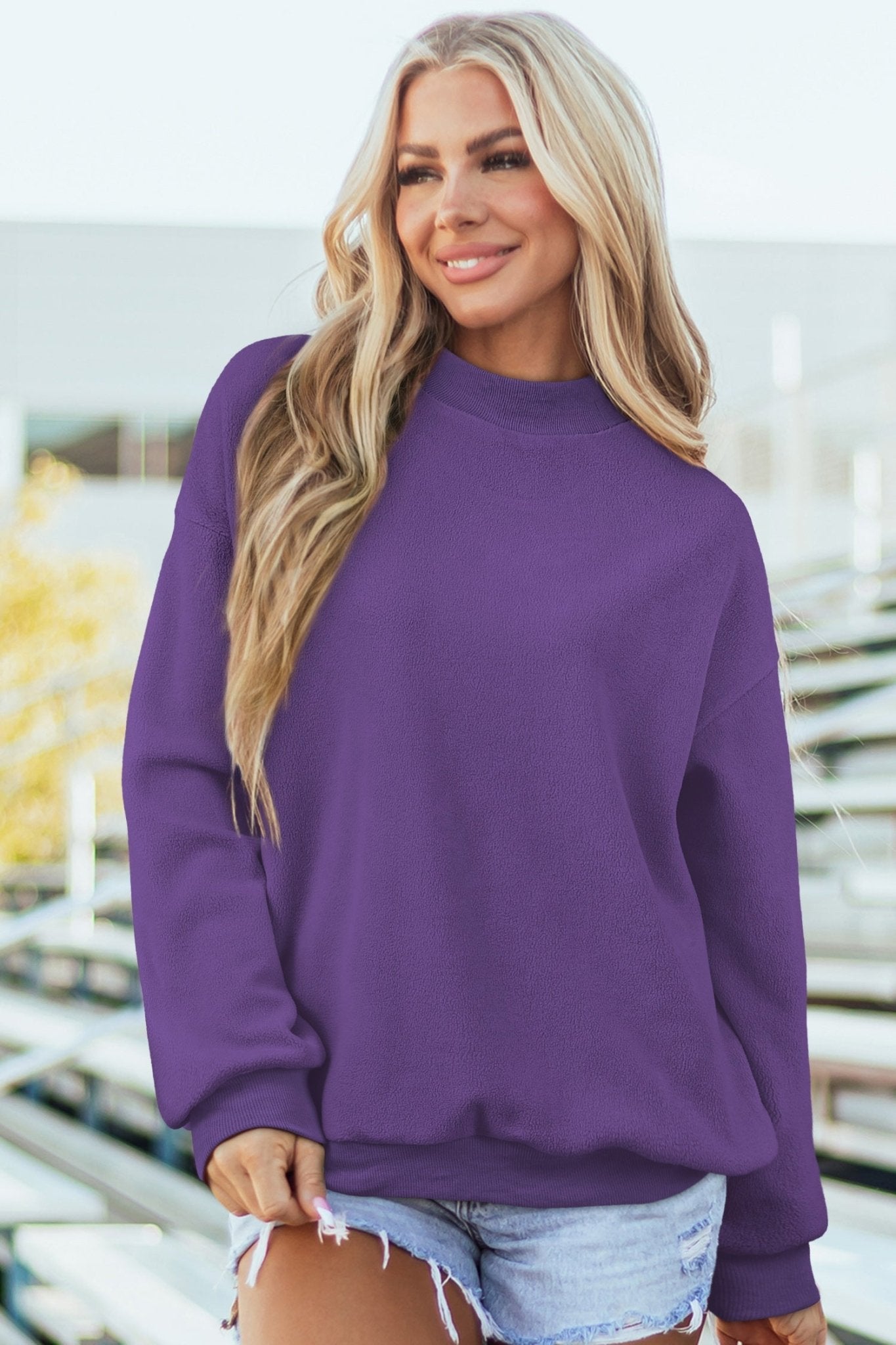 Tillandsia Purple Oversize Drop Shoulder Reversible Mock Neck Sweatshirt - Loving It Shop