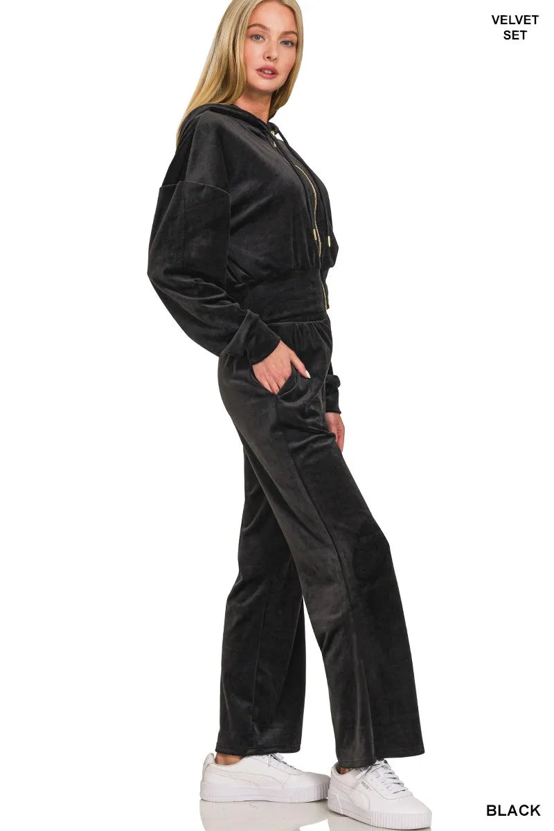 Velvet Zip Up Hoodie and Pants Set