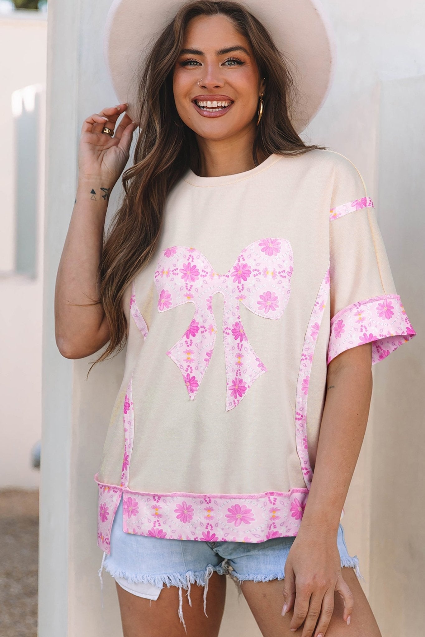 Apricot Daisy Floral Bow Contrast Patchwork Loose T Shirt - Loving It Shop