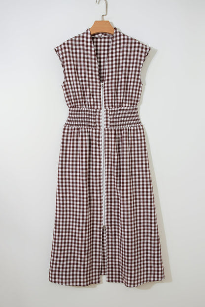 Coffee Plaid Print Full Zipper Cinched Waist Fit Flare Sleeveless Maxi Dress