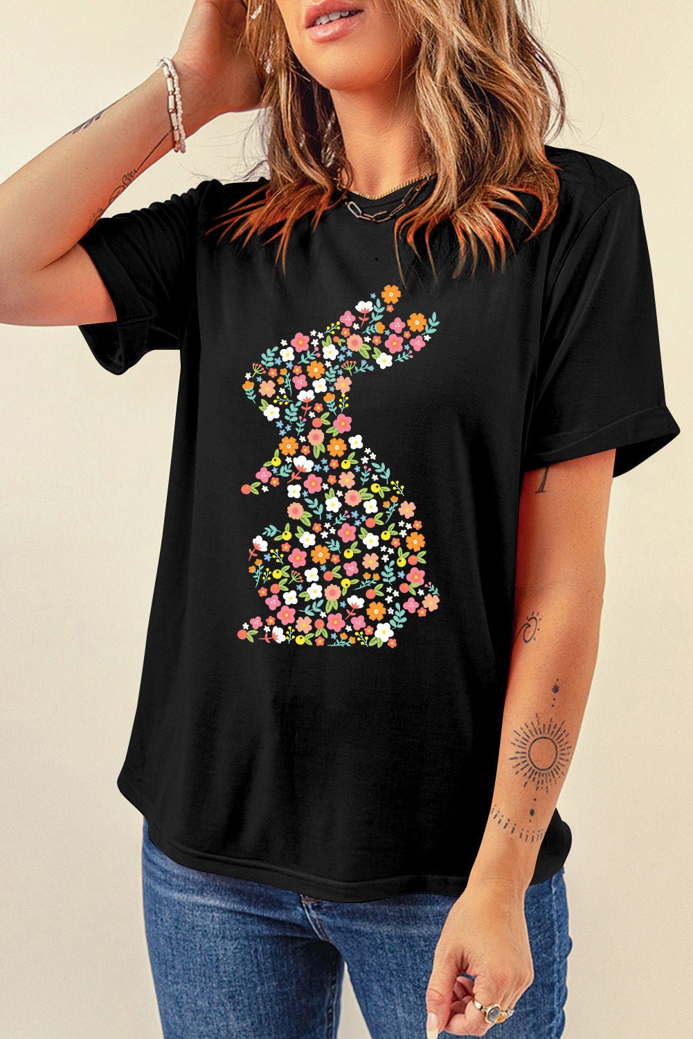 Black Colorful Floral Bunny Graphic Easter T Shirt - Loving It Shop