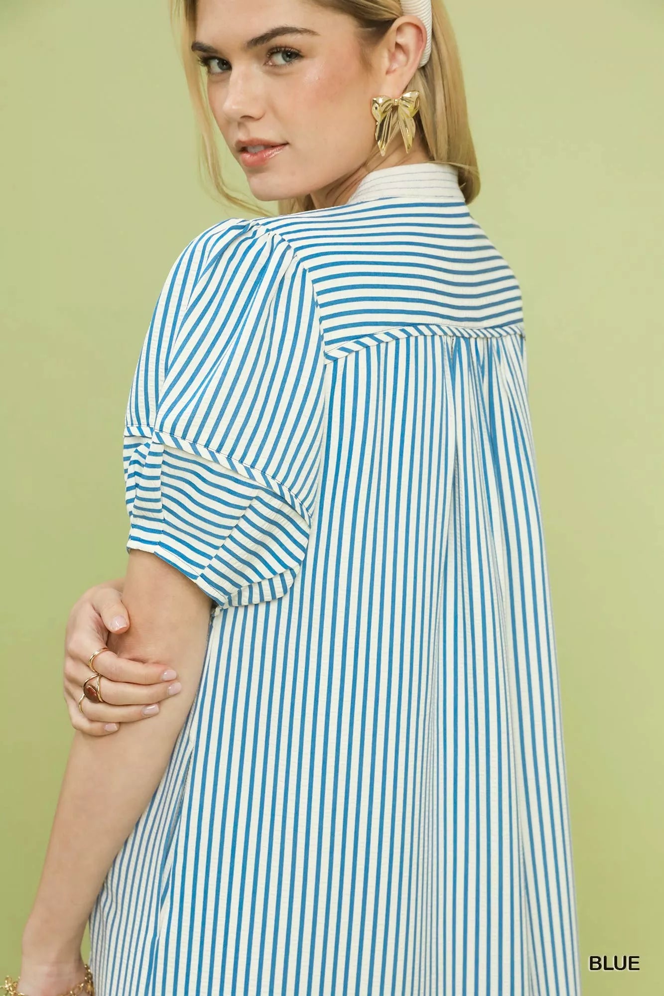Pinstripe Shift Dress with Contrast Trim