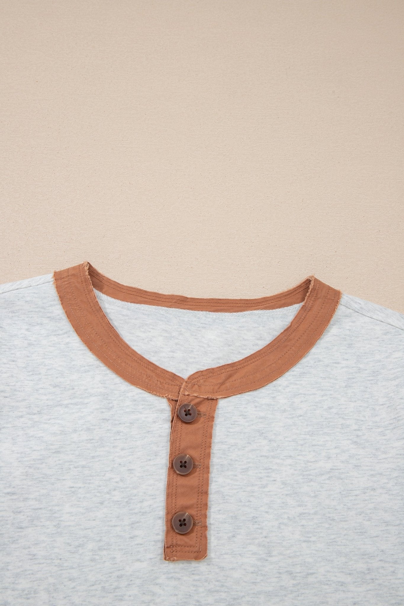 Light Grey Raw Seam Color Block Detail Buttoned Henley Tee - Loving It Shop