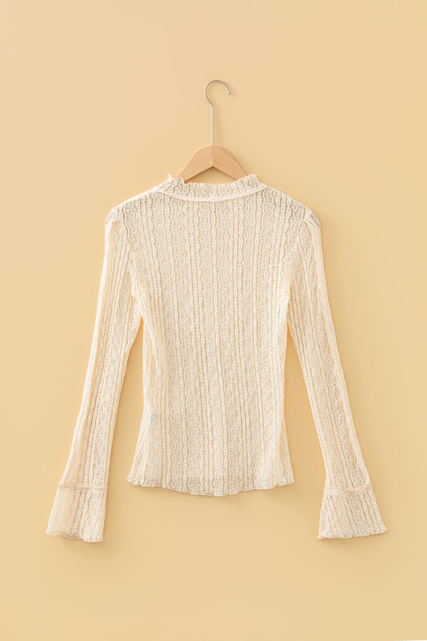 Apricot Flounced Long Sleeve Mock Neck Sheer Lace Top