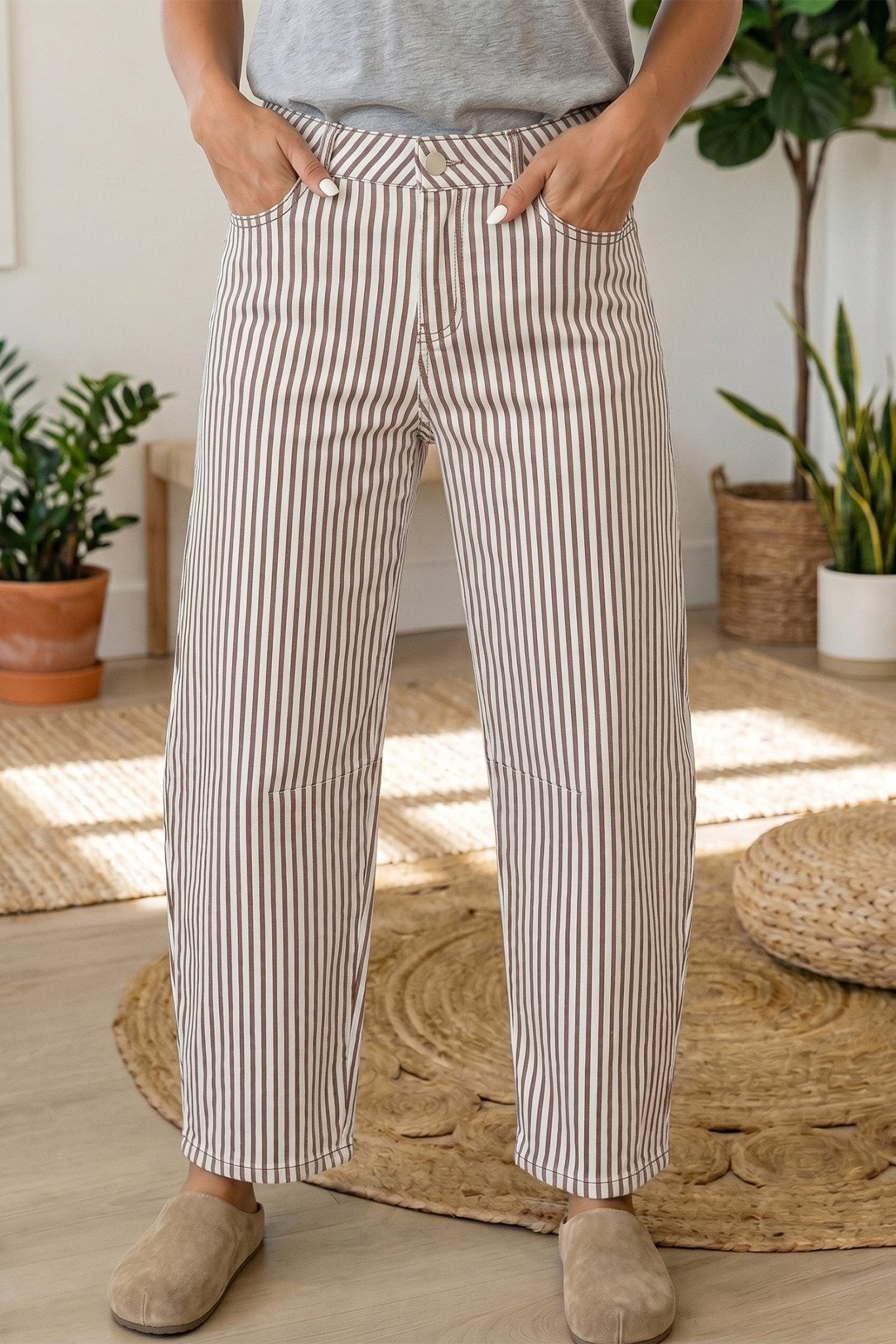 Brown Stripe Casual Barrel Jeans - Loving It Shop