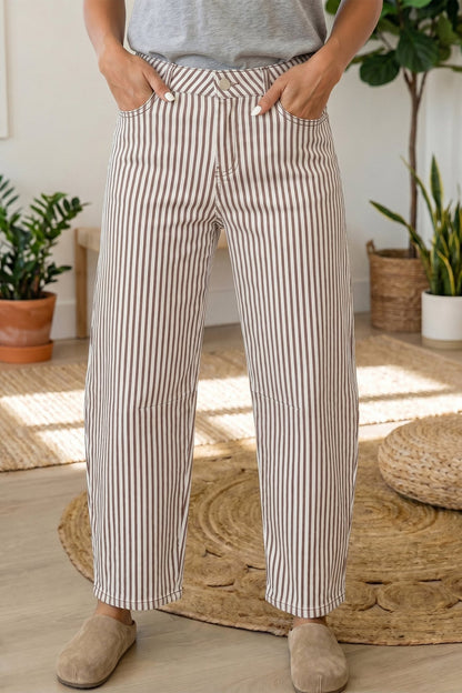 Brown Stripe Casual Barrel Jeans - Loving It Shop