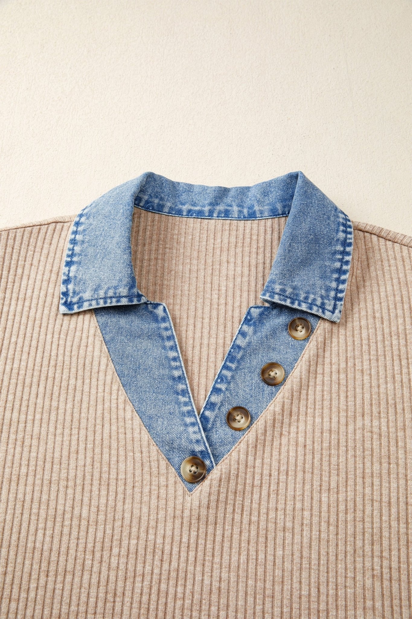 Beige Ribbed Knit Denim Color Block Patchwork Button Detail Collared Blouse - Loving It Shop