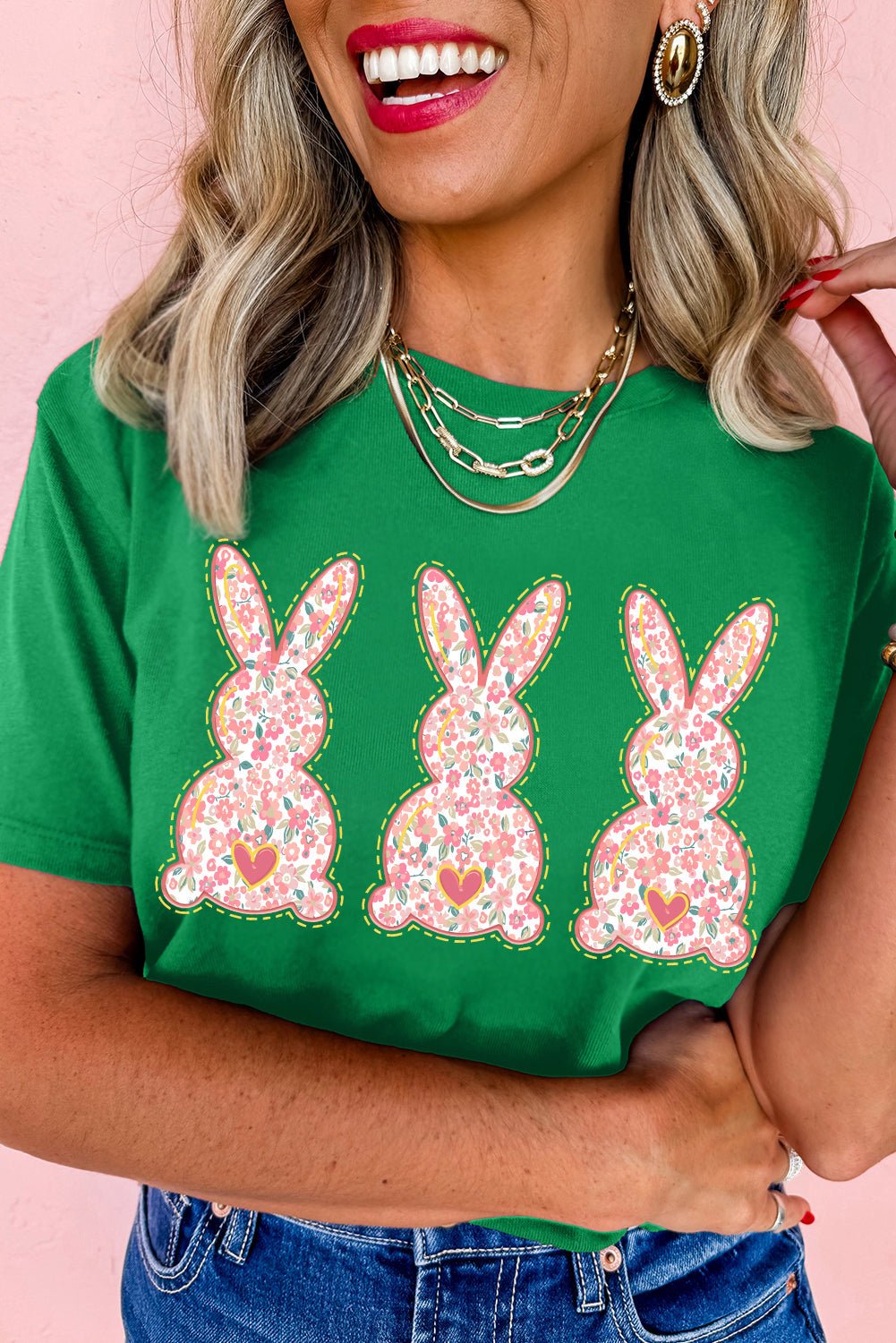 Bright Green Easter Floral Rabbit Print Crew Neck T Shirt - Loving It Shop
