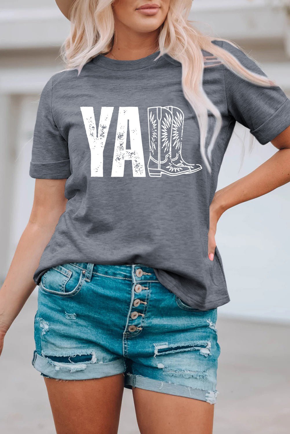 Gray YALL Western Boots Printed Tee - Loving It Shop