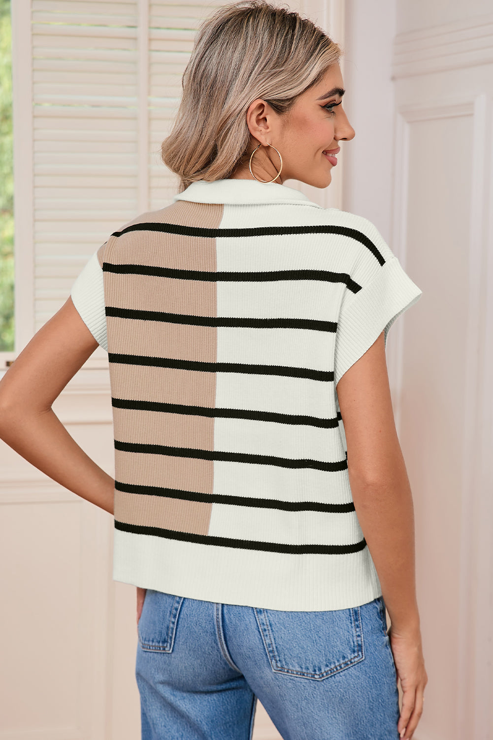 Black Stripe Quarter Zip Collar Knit Vest